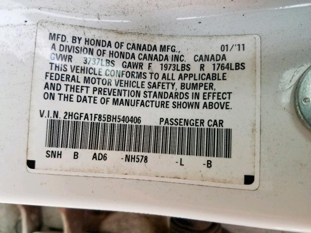 2HGFA1F85BH540406 - 2011 HONDA CIVIC EX WHITE photo 10