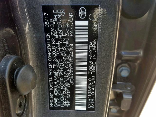 JTDKARFP0H3044394 - 2017 TOYOTA PRIUS PRIM 灰色 照片 10