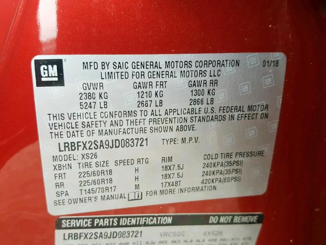 LRBFX2SA9JD083721 - 2018 BUICK ENVISION E RED photo 10