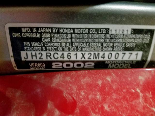 JH2RC461X2M400771 - 2002 HONDA VFR800 RED photo 10