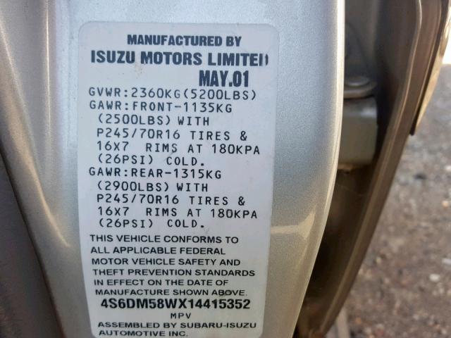 4S6DM58WX14415352 - 2001 HONDA PASSPORT E GRAY photo 10