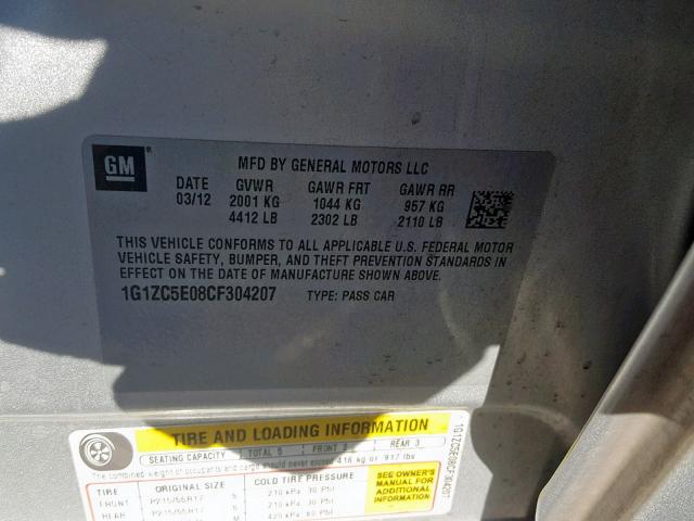 1G1ZC5E08CF304207 - 2012 CHEVROLET MALIBU 1LT SILVER photo 10