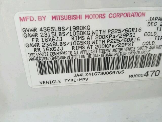 JA4LZ41G73U069765 - 2003 MITSUBISHI OUTLANDER WHITE photo 10