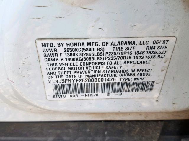 5FNYF28288B001476 - 2008 HONDA PILOT VP WHITE photo 10