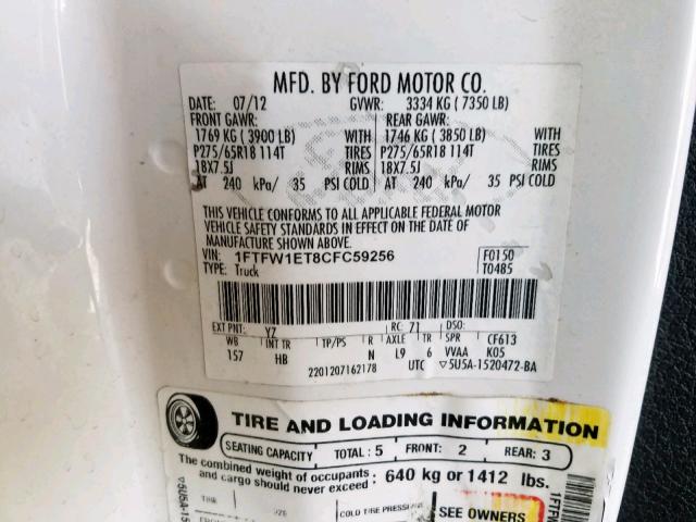 1FTFW1ET8CFC59256 - 2012 FORD F150 SUPER WHITE photo 10