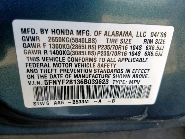 5FNYF28136B039623 - 2006 HONDA PILOT LX BLUE photo 10