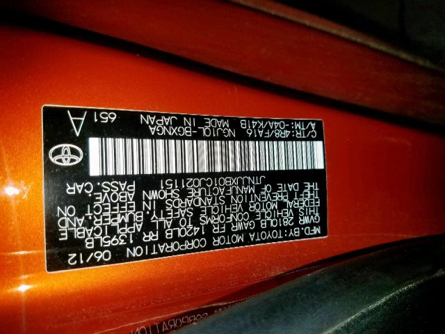 JTNJJXB01CJ021151 - 2012 TOYOTA SCION IQ ORANGE photo 10