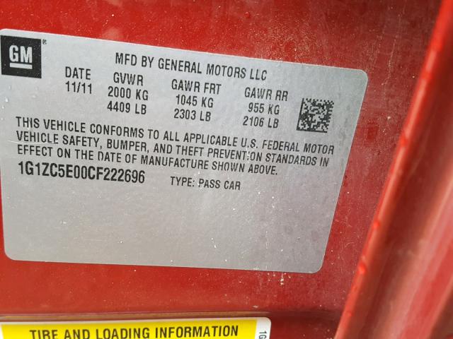 1G1ZC5E00CF222696 - 2012 CHEVROLET MALIBU 1LT RED photo 10