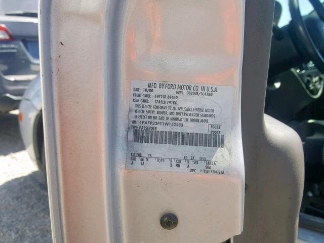 1FAFP33P11W152583 - 2001 FORD FOCUS LX SILVER photo 10