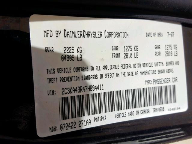 2C3KA43R47H894411 - 2007 CHRYSLER 300 BLACK photo 10