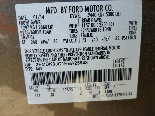 2FMDK3JC1EBA25643 - 2014 FORD EDGE SEL BROWN photo 10