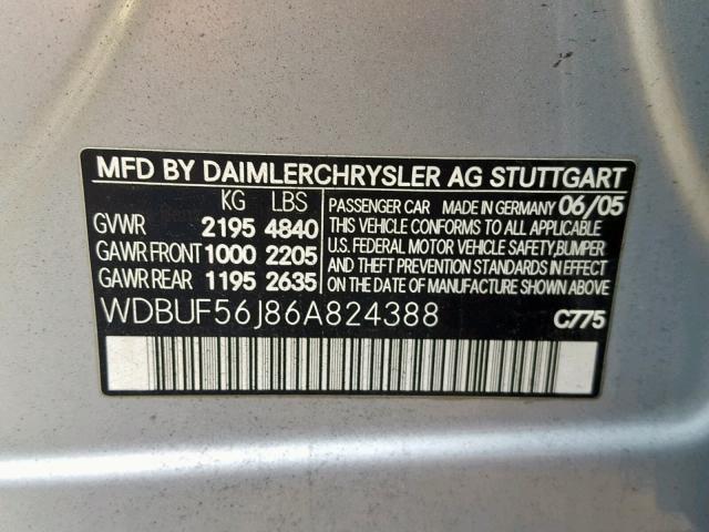 WDBUF56J86A824388 - 2006 MERCEDES-BENZ E 350 SILVER photo 10