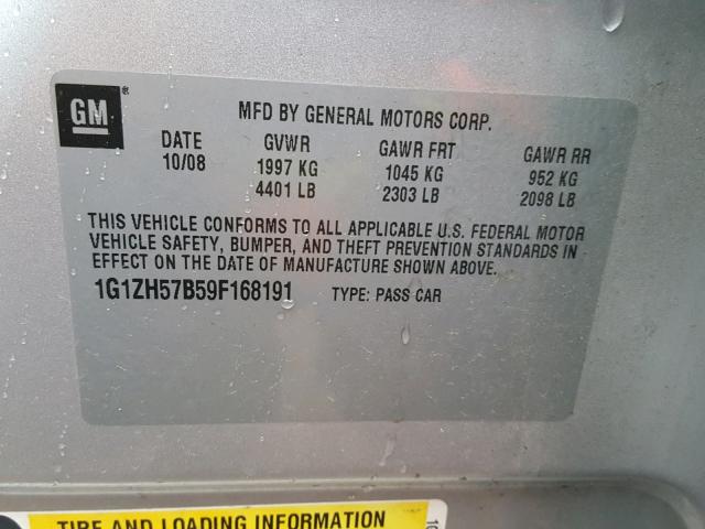 1G1ZH57B59F168191 - 2009 CHEVROLET MALIBU 1LT SILVER photo 10