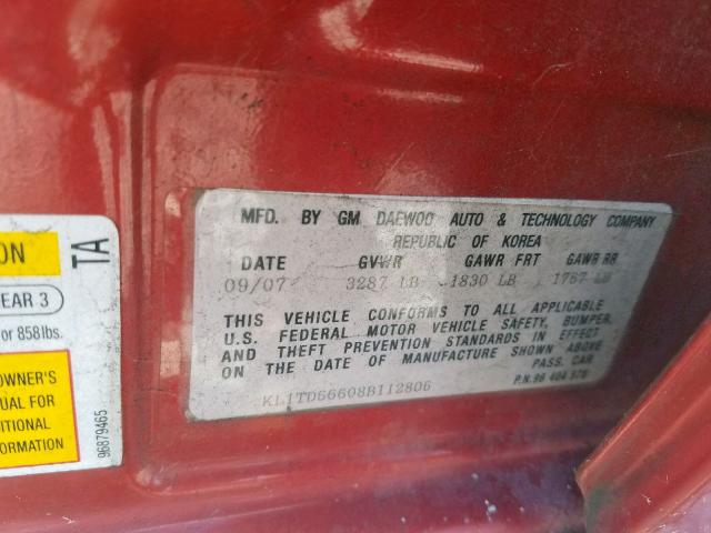 KL1TD66608B112806 - 2008 CHEVROLET AVEO BASE Qırmızı foto 10