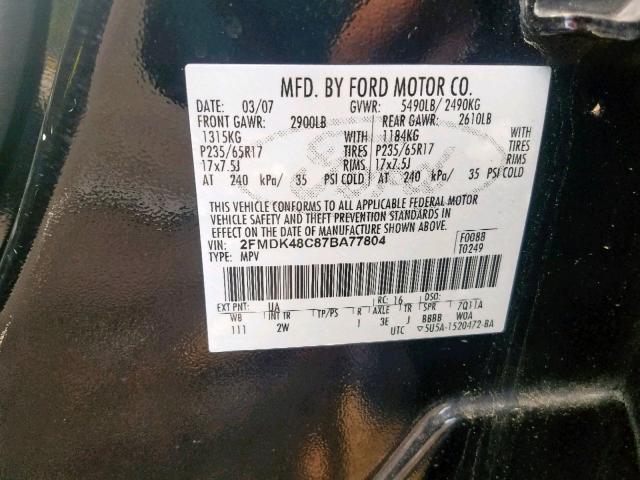 2FMDK48C87BA77804 - 2007 FORD EDGE SEL BLACK photo 10