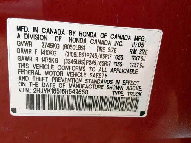 2HJYK16516H549650 - 2006 HONDA RIDGELINE RED photo 10