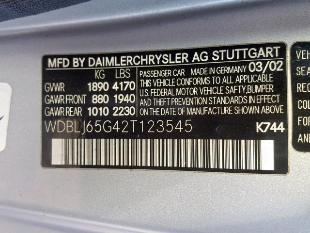 WDBLJ65G42T123545 - 2002 MERCEDES-BENZ CLK 320 SILVER photo 10