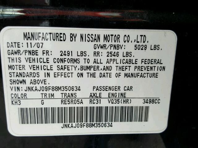 JNKAJ09F88M350634 - 2008 INFINITI EX35 BASE BLACK photo 10