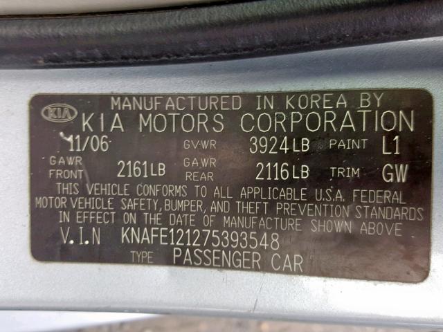 KNAFE121275393548 - 2007 KIA SPECTRA EX BLUE photo 10