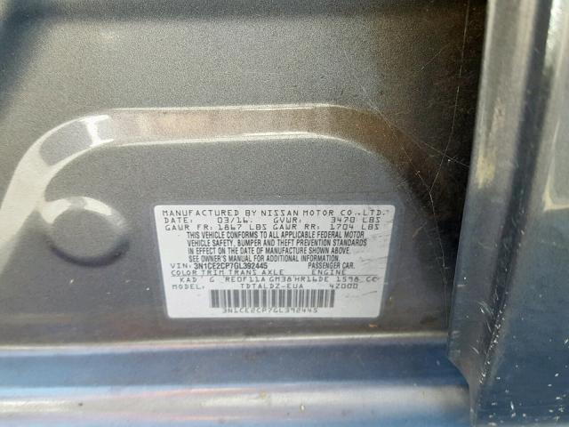 3N1CE2CP7GL392445 - 2016 NISSAN VERSA NOTE GRAY photo 10