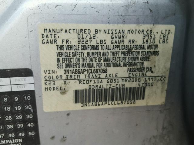 3N1AB6AP1CL687058 - 2012 NISSAN SENTRA 2.0 SILVER photo 10