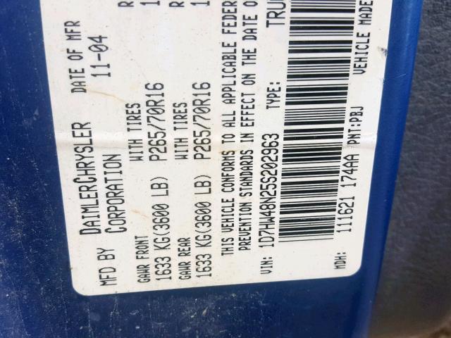 1D7HW48N25S202963 - 2005 DODGE DAKOTA QUA BLUE photo 10