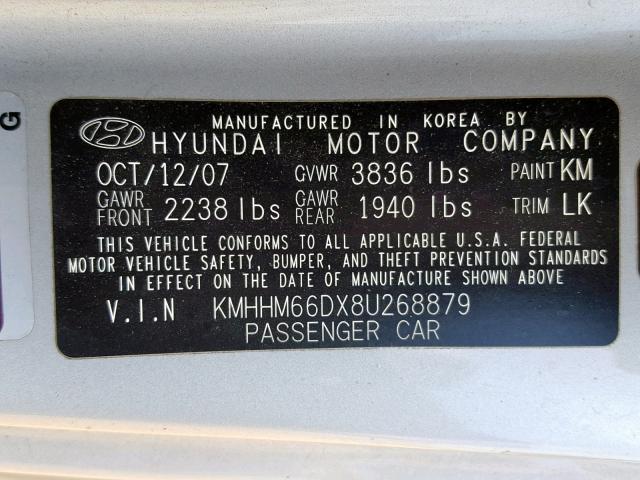 KMHHM66DX8U268879 - 2008 HYUNDAI TIBURON GS SILVER photo 10