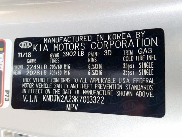 KNDJN2A23K7013322 - 2019 KIA SOUL SILVER photo 10