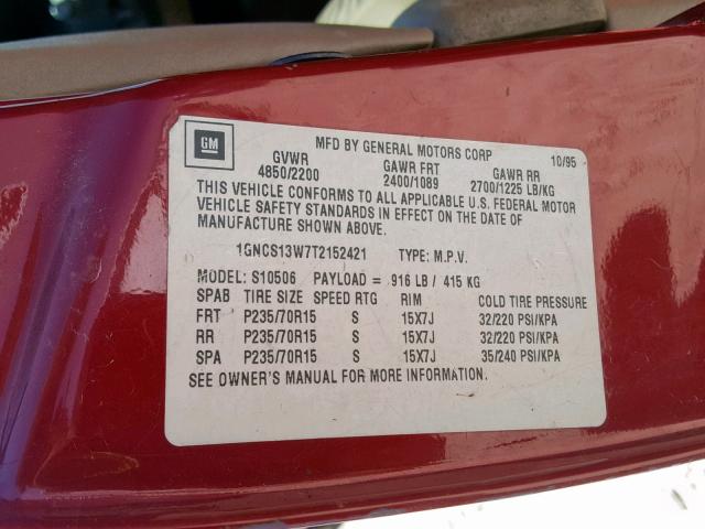 1GNCS13W7T2152421 - 1996 CHEVROLET BLAZER RED photo 10