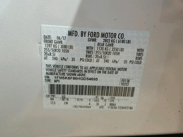 1FM5K8F86HGD54695 - 2017 FORD EXPLORER L WHITE photo 10