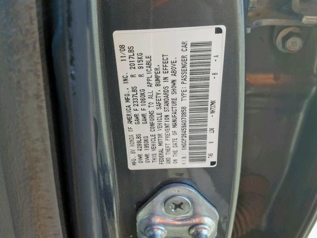 1HGCP26459A070858 - 2009 HONDA ACCORD LXP GRAY photo 10