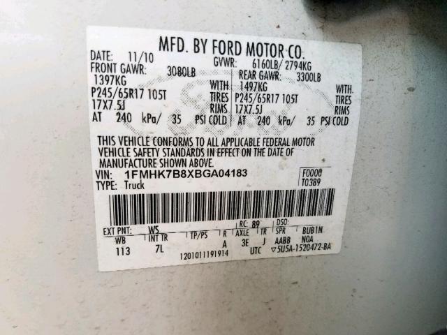 1FMHK7B8XBGA04183 - 2011 FORD EXPLORER WHITE photo 10