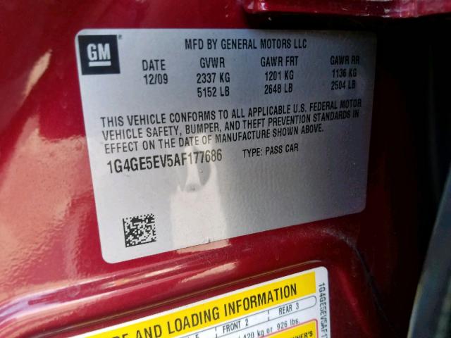 1G4GE5EV5AF177686 - 2010 BUICK LACROSSE C MAROON photo 10