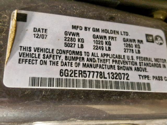 6G2ER57778L132072 - 2008 PONTIAC G8 GRAY photo 10