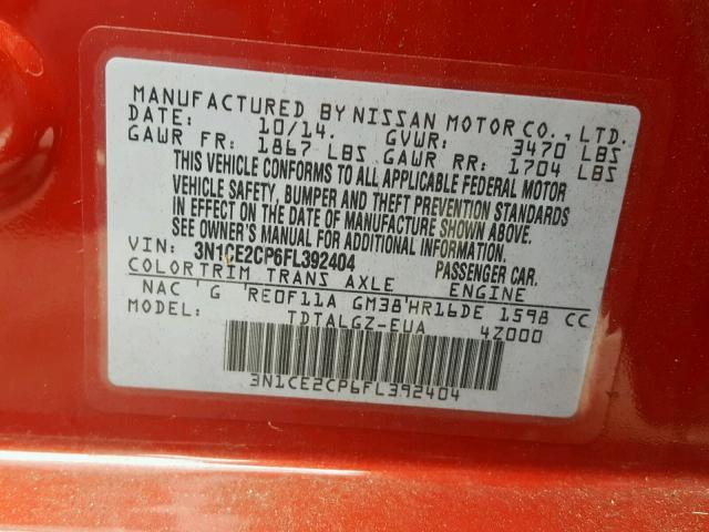 3N1CE2CP6FL392404 - 2015 NISSAN VERSA NOTE RED photo 10