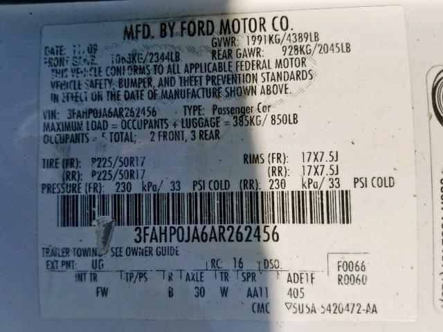 3FAHP0JA6AR262456 - 2010 FORD FUSION SEL WHITE photo 10