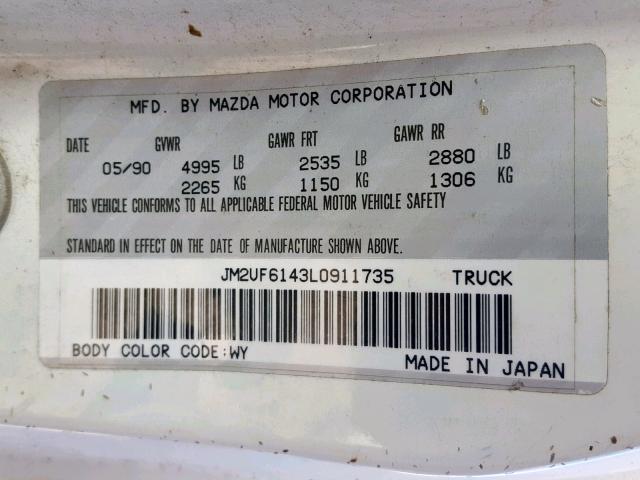 JM2UF6143L0911735 - 1990 MAZDA B2600 CAB WHITE photo 10