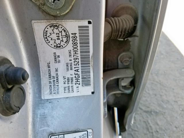 2HGFA15297H008984 - 2007 HONDA CIVIC DX SILVER photo 10