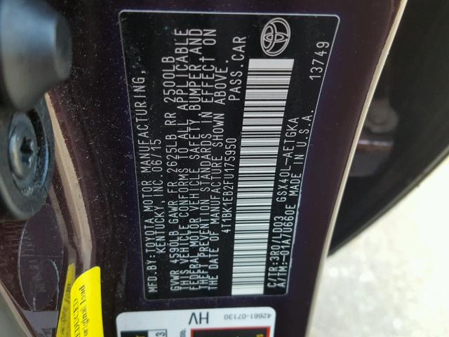 4T1BK1EB2FU175950 - 2015 TOYOTA AVALON XLE MAROON photo 10