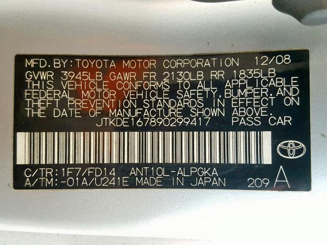 JTKDE167890299417 - 2009 TOYOTA SCION TC ვერცხლისფერი ფოტო 10