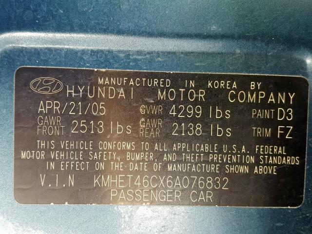 KMHET46CX6A076832 - 2006 HYUNDAI SONATA GL TURQUOISE photo 10