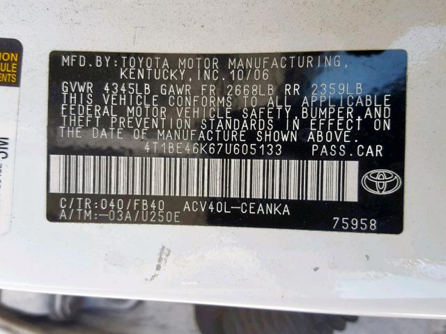 4T1BE46K67U605133 - 2007 TOYOTA CAMRY NEW WHITE photo 10