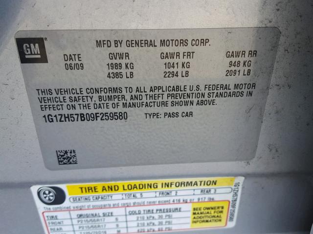 1G1ZH57B09F259580 - 2009 CHEVROLET MALIBU 1LT ვერცხლისფერი ფოტო 10