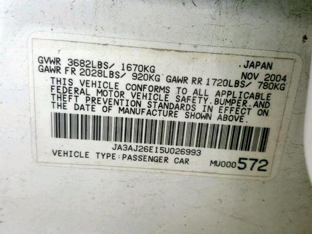 JA3AJ26E15U026993 - 2005 MITSUBISHI LANCER ES WHITE photo 10