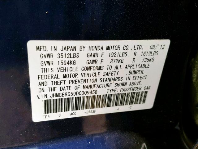 JHMGE8G59DC009458 - 2013 HONDA FIT SPORT BLUE photo 10