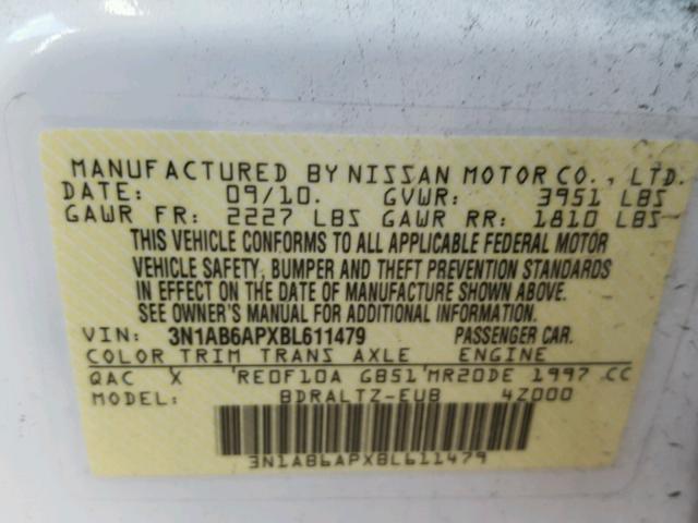 3N1AB6APXBL611479 - 2011 NISSAN SENTRA 2.0 WHITE photo 10