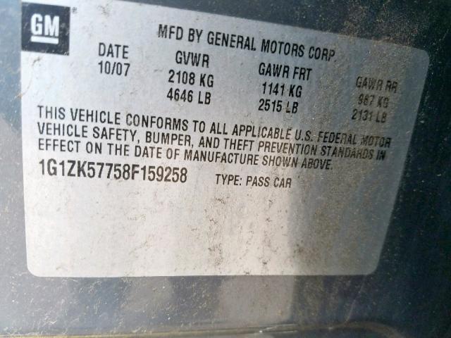 1G1ZK57758F159258 - 2008 CHEVROLET MALIBU LTZ ნაცრისფერი ფოტო 10