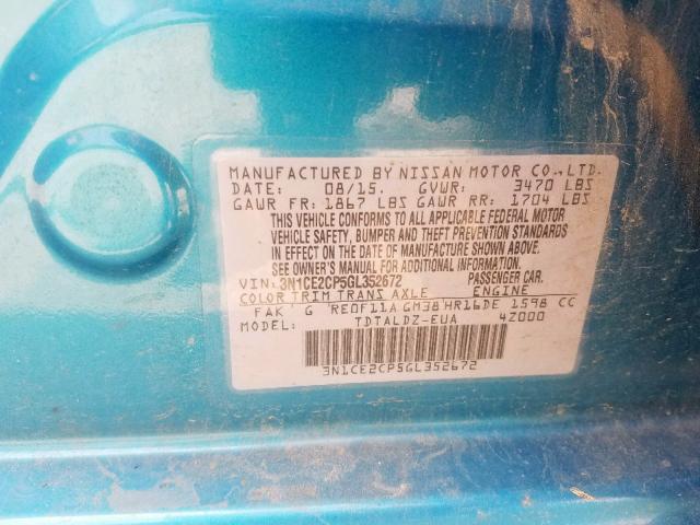 3N1CE2CP5GL352672 - 2016 NISSAN VERSA NOTE TURQUOISE photo 10