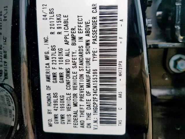 1HGCP2F34CA155396 - 2012 HONDA ACCORD LX BLACK photo 10