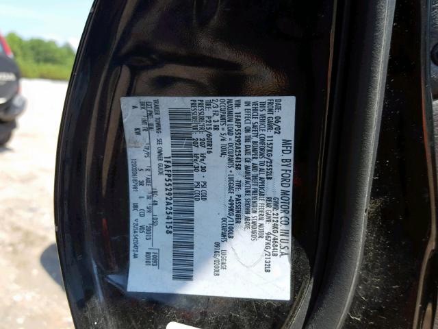 1FAFP55292A254158 - 2002 FORD TAURUS SES BLACK photo 10